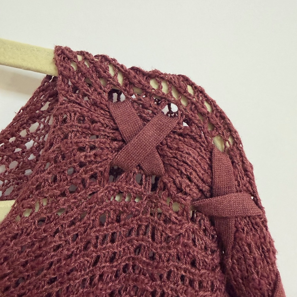 Billabong Womens Burgundy Open Knit Lace Up Sweater Small Boho Coastal Festival - Picture 6 of 10